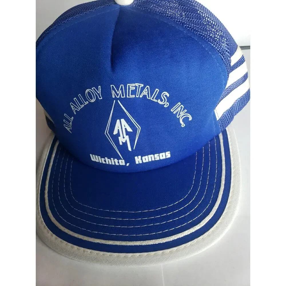 Vintage Three Stripe Trucker Hat USA Mesh 70s 80s Blue Metal SnapBack